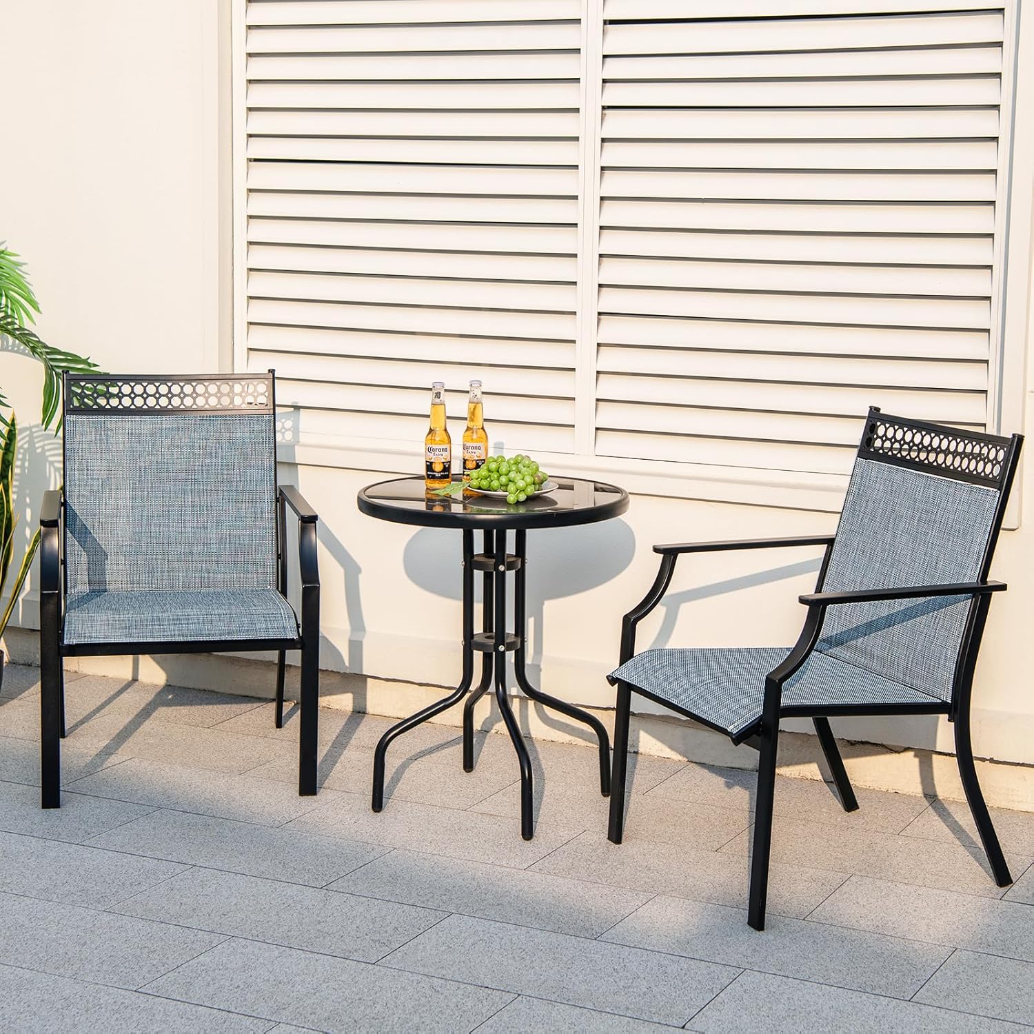Set di 2 Sedie da Giardino in Textilene, Sedie da Esterno con Schienale Alto, Braccioli, Robusto Telaio in Metallo, Fino a 150 kg, per Patio Terrazza Balcone (Blu + Nero)