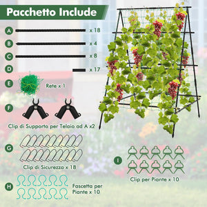 Traliccio da Giardino per Piante Rampicanti, Grigliato da Giardino con Rete, Pali in Metallo Rivestiti, Fili Intrecciati e Clip, Supporto per Viti Rampicanti, Verdure e Uva
