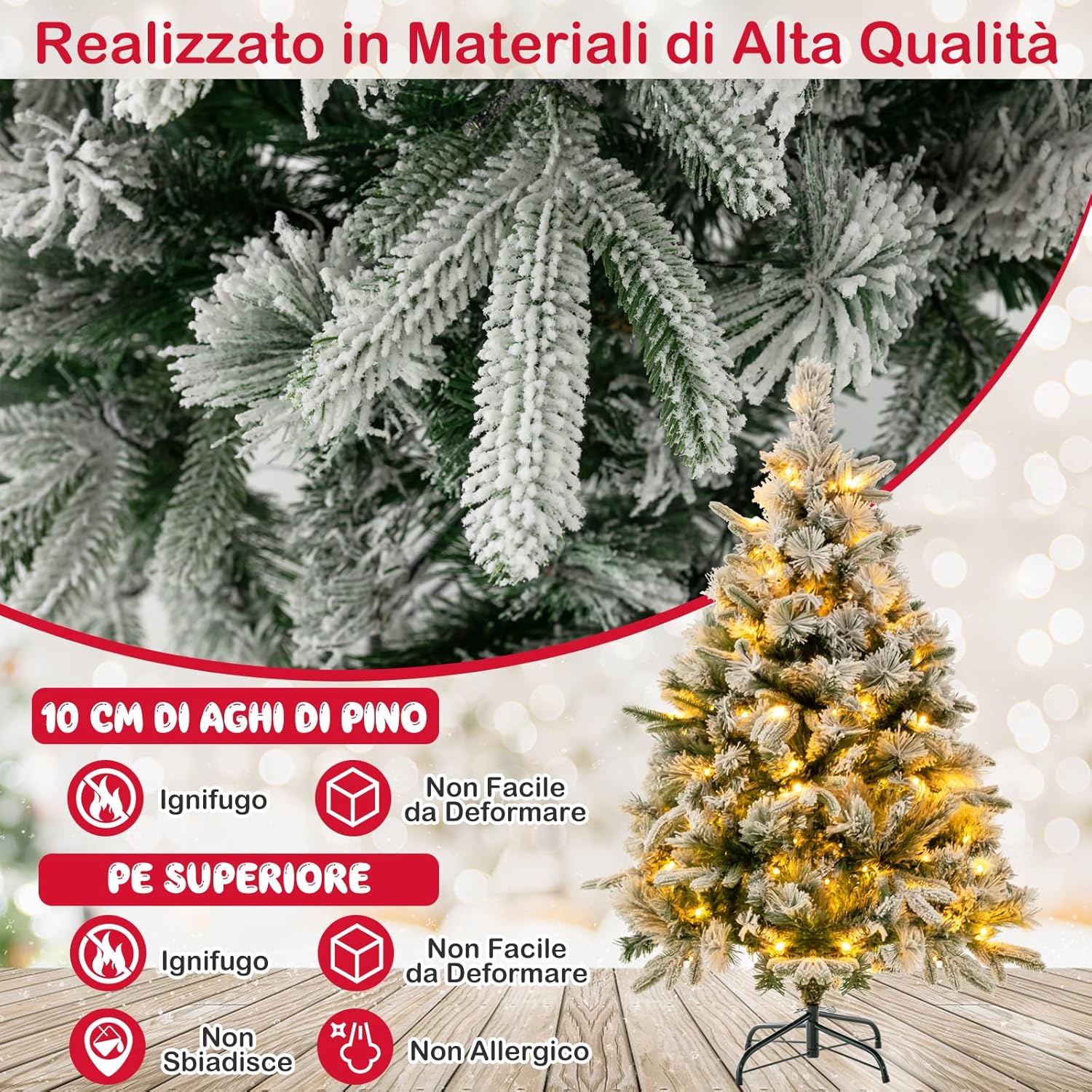 Albero di Natale136/186 cm, Albero di Natale Flockato con 150/250 Luci LED Bianco Caldo, 384/752 Punte di Ramo Miste e Aghi di Pino, Albero di Natale con Cerniera per Casa e Ufficio (136 cm)