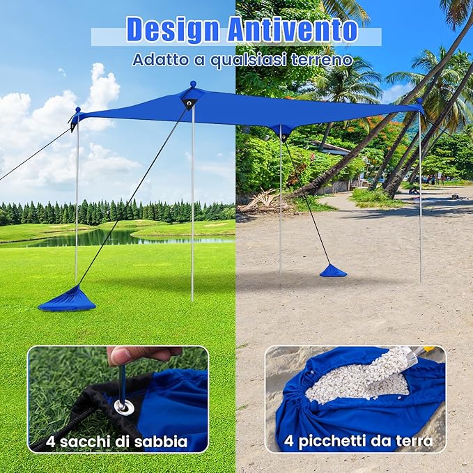 Tenda da Spiaggia Portatile, Tenda Protezione dai Raggi UV, con 4 Sacchetti di Sabbia, Borsa per il Trasporto, Parasole per 4-8 Persone, 300 x 300 x 200 cm (Blu)