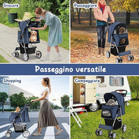 Passeggino per Cani Piccoli Pieghevole, Fino a 15 kg, Ruote 360° con Freni, Cuscino, Porta Doppio, Finestre, Cestino, Portabicchieri, Carrozzina Portatile (Blu)