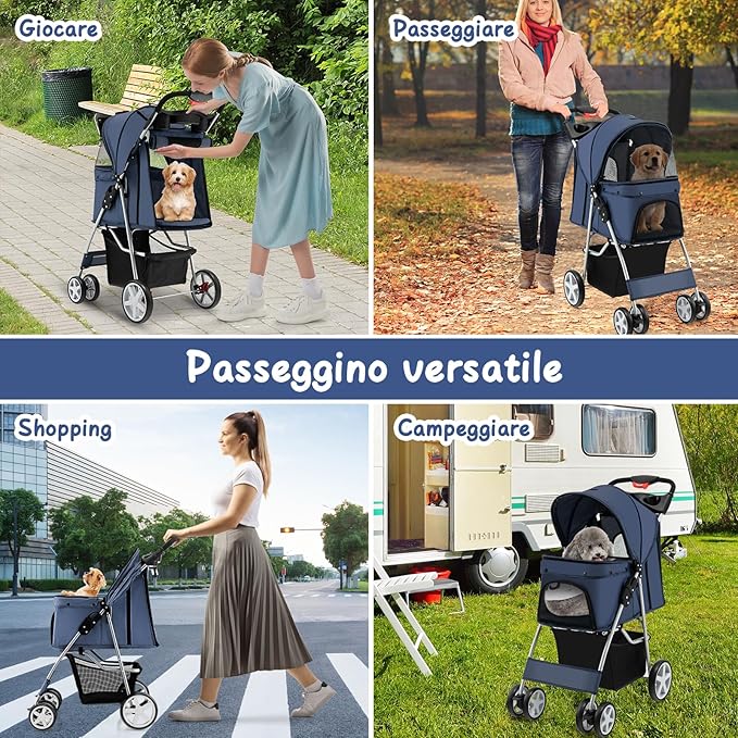 Passeggino per Cani Piccoli Pieghevole, Fino a 15 kg, Ruote 360° con Freni, Cuscino, Porta Doppio, Finestre, Cestino, Portabicchieri, Carrozzina Portatile (Blu)