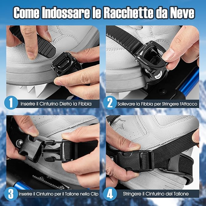Set 4 in 1 Ciaspole da Neve 53/63/78 cm per Uomini, Donne e Ragazzi con Sistema di Fissaggio, Telaio in Alluminio, Bastoncini da Trekking, Ghette Gambe Impermeabile e Borsa