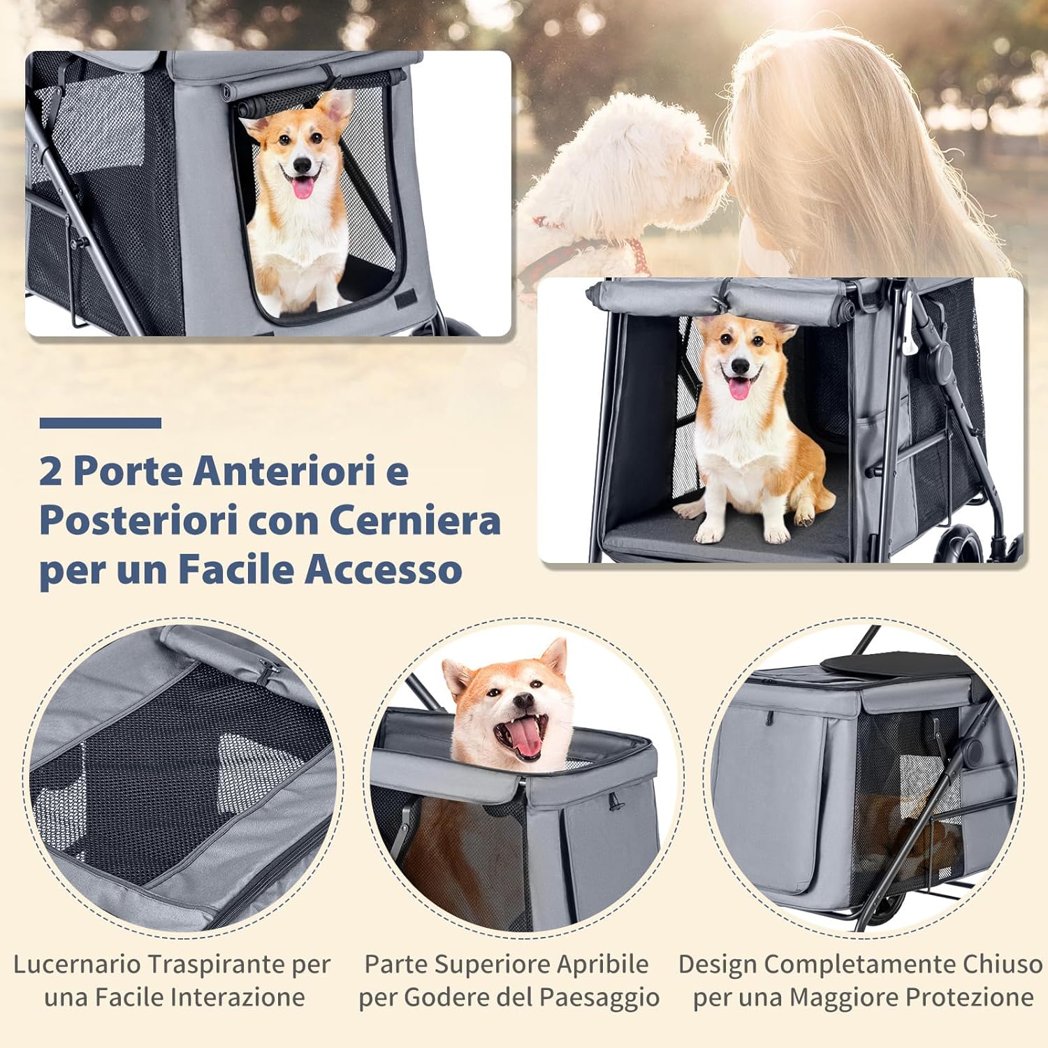 Passeggino per Cani Pieghevole, Carrello a 4 Ruote per Animali Domestici Piccoli e Medi, Trasportino Portatile con Ruote, Lucernario e Tasche, Chiusura Rapida (Grigio)