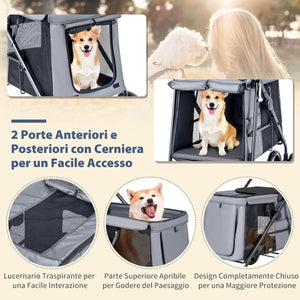 Passeggino per Cani Pieghevole, Carrello a 4 Ruote per Animali Domestici Piccoli e Medi, Trasportino Portatile con Ruote, Lucernario e Tasche, Chiusura Rapida (Grigio)