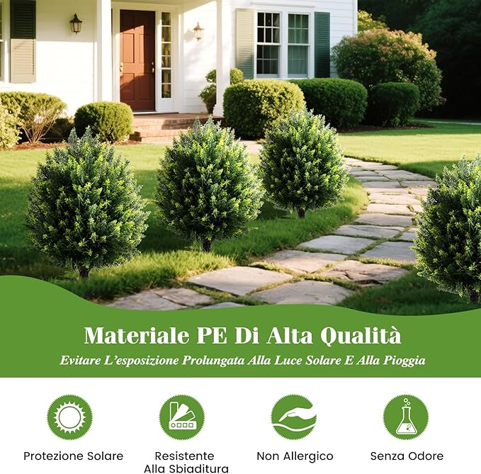 Set di Alberi Sferici Artificiali di Cipresso 61 cm, 2 Pezzi di Arbusti Finti di Cedro con Picchetto per Terreno, Piante Ornamentali Finte Resistenti al Sole per Decorazione Interna & Esterna