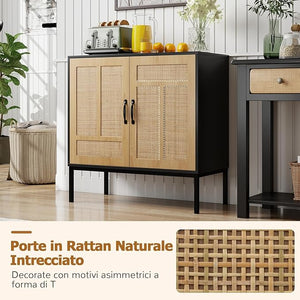 Credenza da Cucina, Armadio con 2 Ante Intrecciate in Rattan, Ripiano Regolabile a 3 Posizioni, Armadietto Boho per Cucina, Sala da Pranzo, Soggiorno e Corridoio, 80 x 38 x 81 cm (Nero)