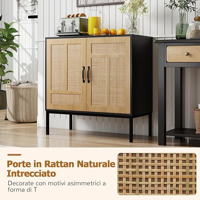 Credenza da Cucina, Armadio con 2 Ante Intrecciate in Rattan, Ripiano Regolabile a 3 Posizioni, Armadietto Boho per Cucina, Sala da Pranzo, Soggiorno e Corridoio, 80 x 38 x 81 cm (Nero)