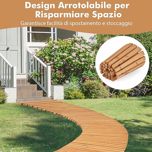 Sentiero da Giardino in Legno, Passerella Curvo da Esterno con Superficie Antiscivolo e Fili Metallici, Design Arrotolabile, per Patio Cortile e Spiaggia, Naturale (216 x 43 cm)