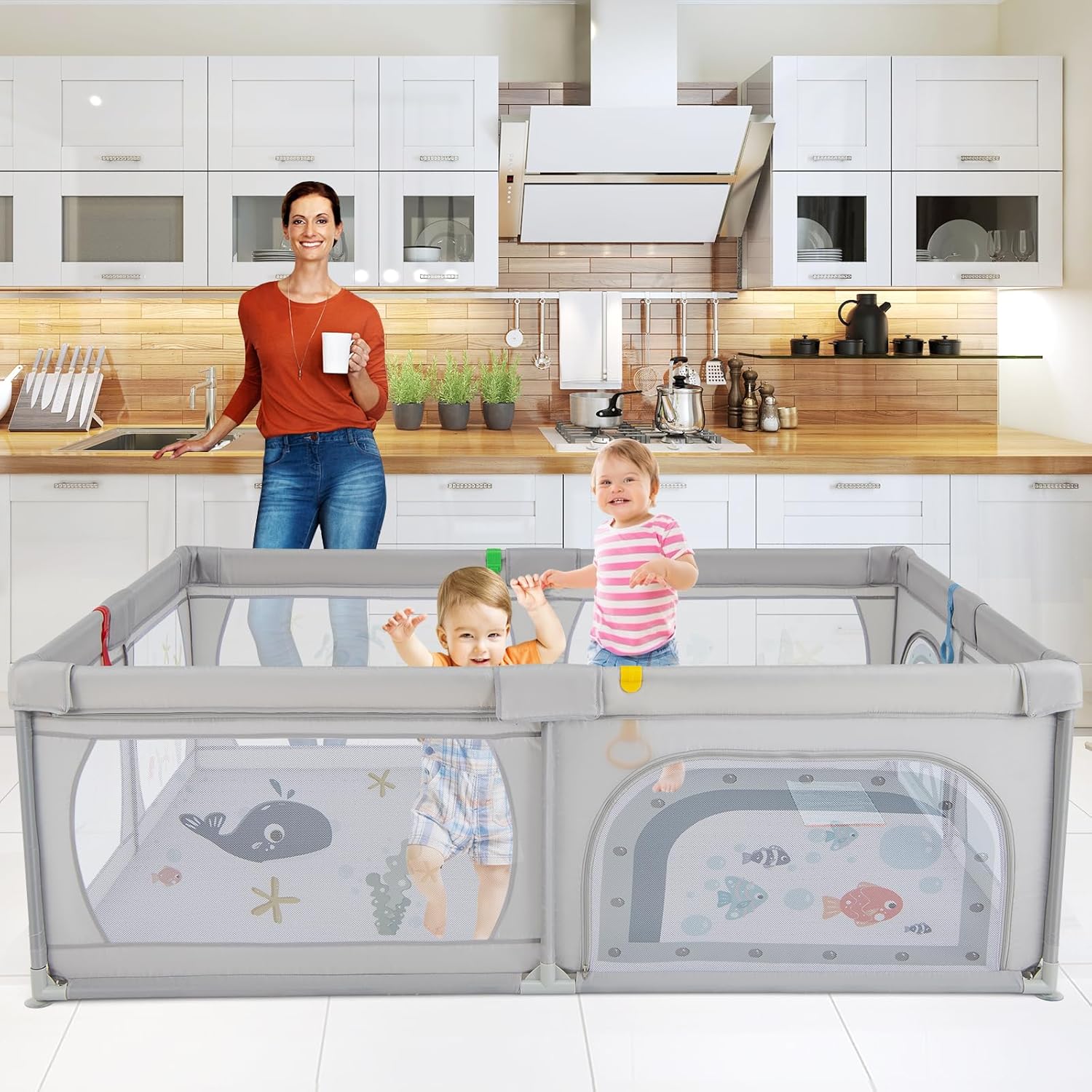 Recinto per Bambini, Box per Bambini con Rete Traspirante, Centro Attività per Bambini con 50 Palline, Box Giochi per Bambini 0-3 Anni (Mondo Sottomarino, 206 x 147 cm)