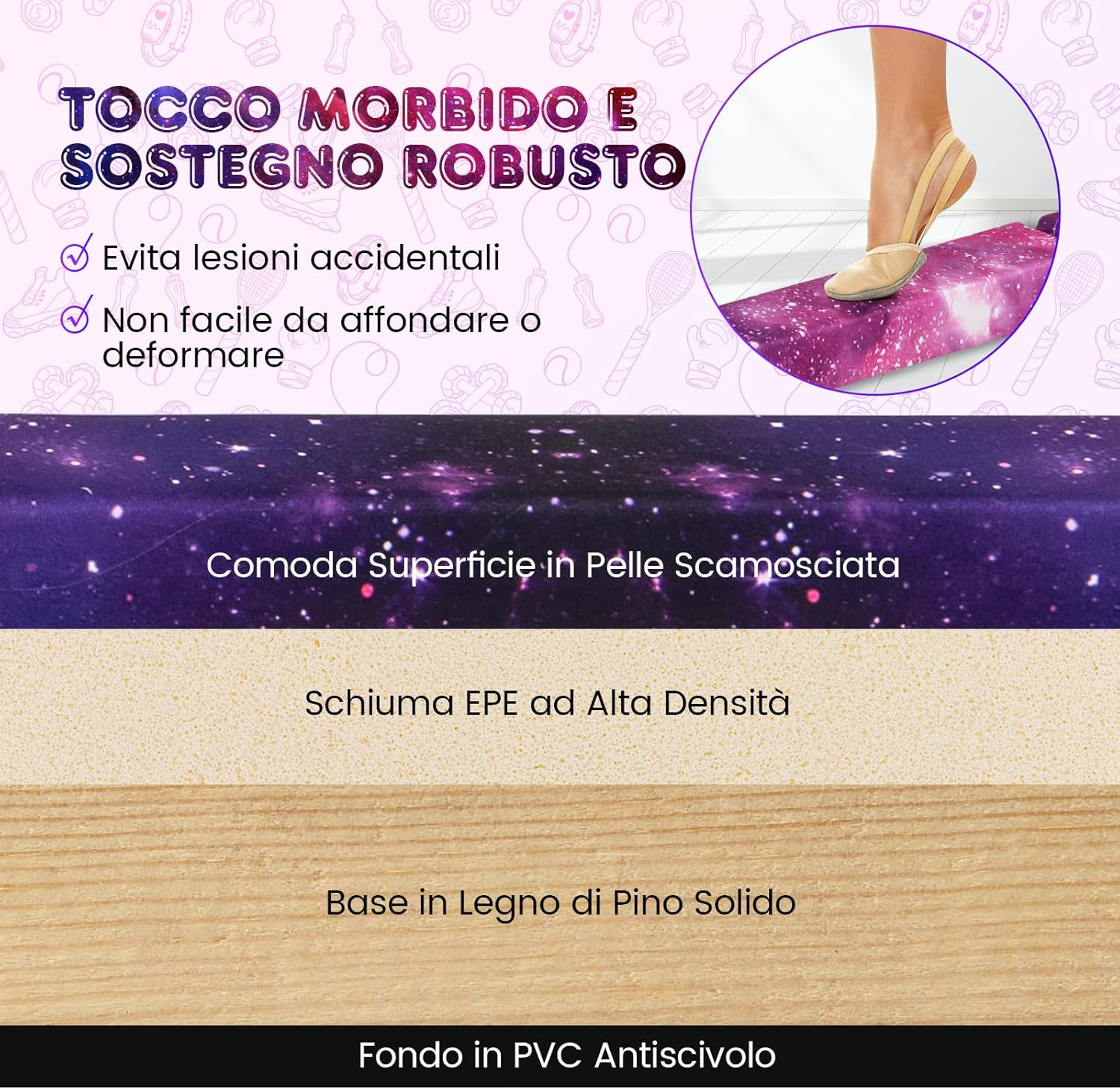 Trave Ginnastica Artistica per Casa 210/240 cm, Trave Pieghevole per Bambini con Maniglia, Base in Legno e Fondo Antiscivolo, Trave di Equilibrio da Pavimento