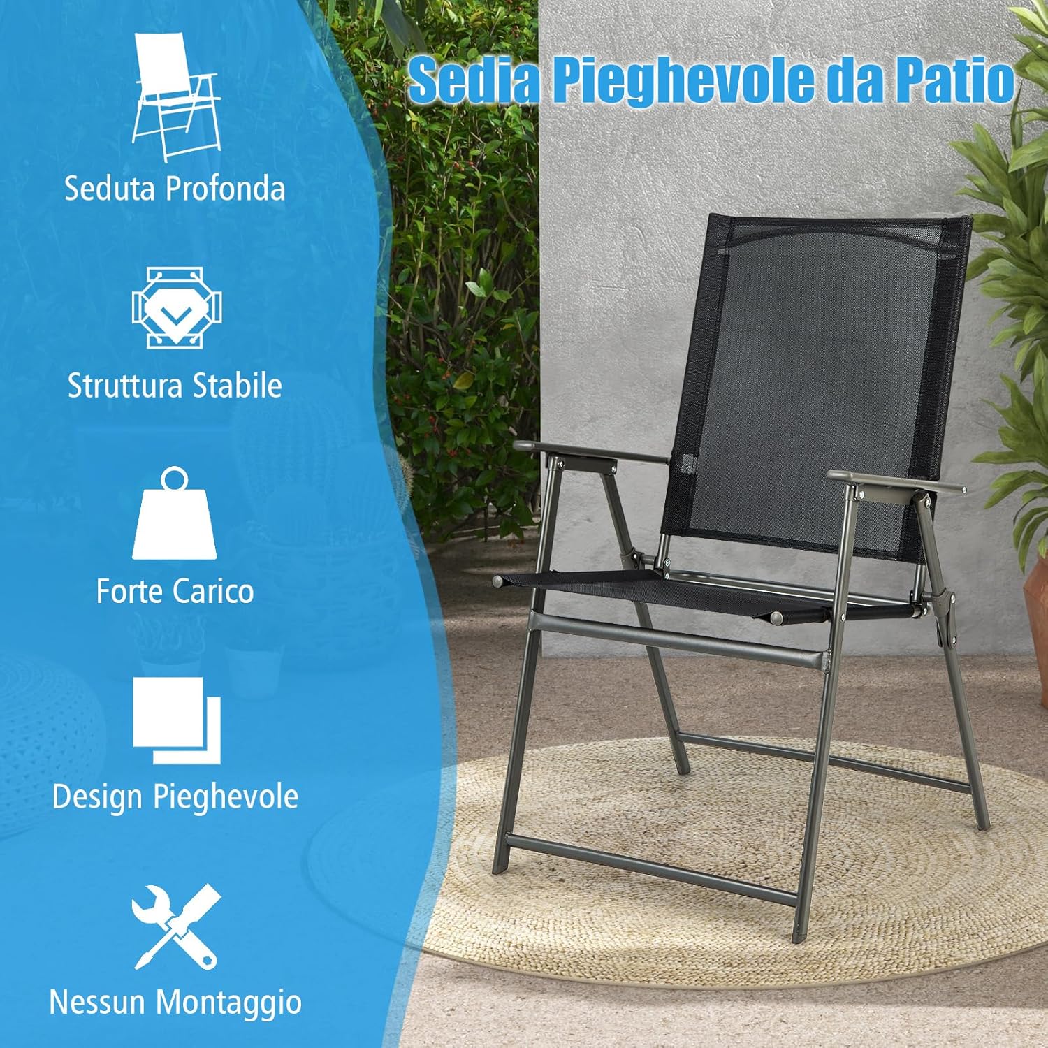 Set di 2/4 Sedie Pieghevoli da Giardino in Textilene, Sedie da Esterno con Schienale Alto, Poltrona Portatile per Giardino Campeggio Patio, Portata 150 kg (2, Nero, 62 x 58 x 96 cm)