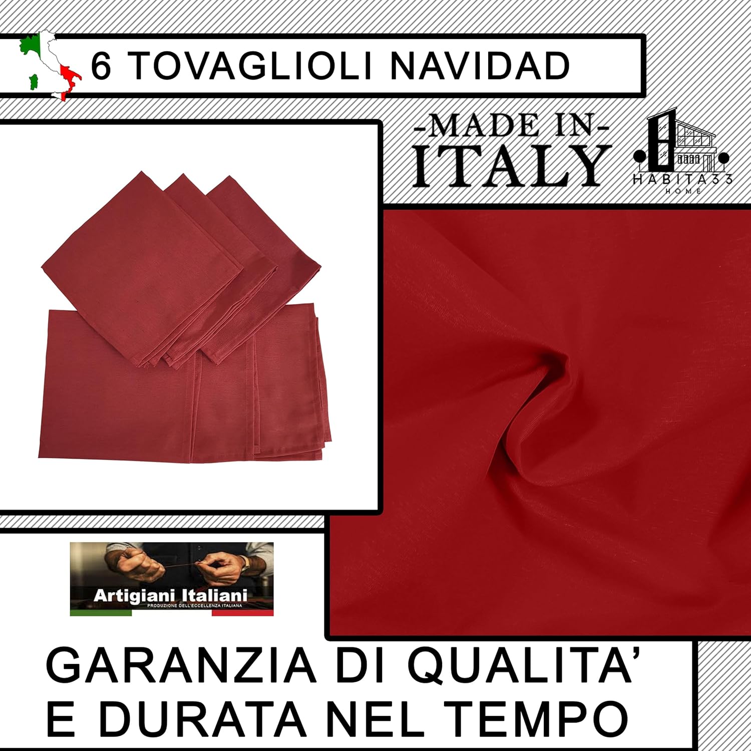 Set 6 Tovaglioli Rossi  40x40 cm da Abbinare perfettamente alla Tovaglia da Cucina, Giardino, Pic Nic, Made in Italy (Rosso, 6 Tovaglioli)