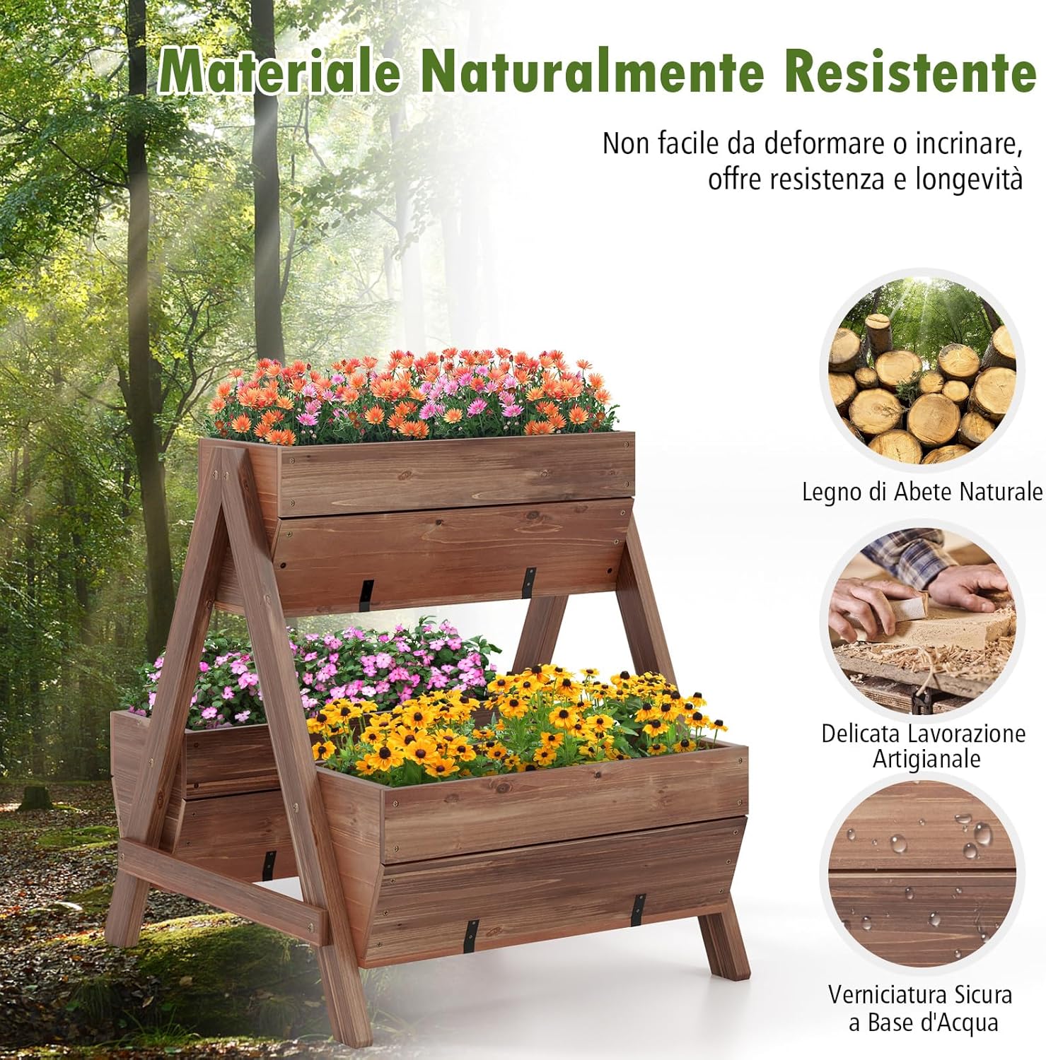 Letto da Giardino Rialzato Verticale con 3 Fioriere in Legno e Fori di Drenaggio, Fioriera a Scala per Frutta, Verdura e Fiore, Aiuola per Interno ed Esterno, 66 x 73 x 73 cm