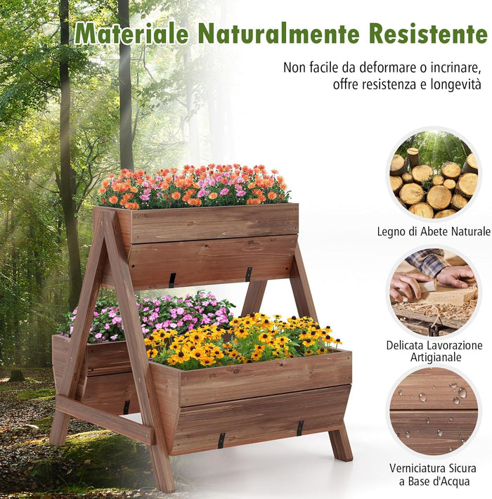 Letto da Giardino Rialzato Verticale con 3 Fioriere in Legno e Fori di Drenaggio, Fioriera a Scala per Frutta, Verdura e Fiore, Aiuola per Interno ed Esterno, 66 x 73 x 73 cm