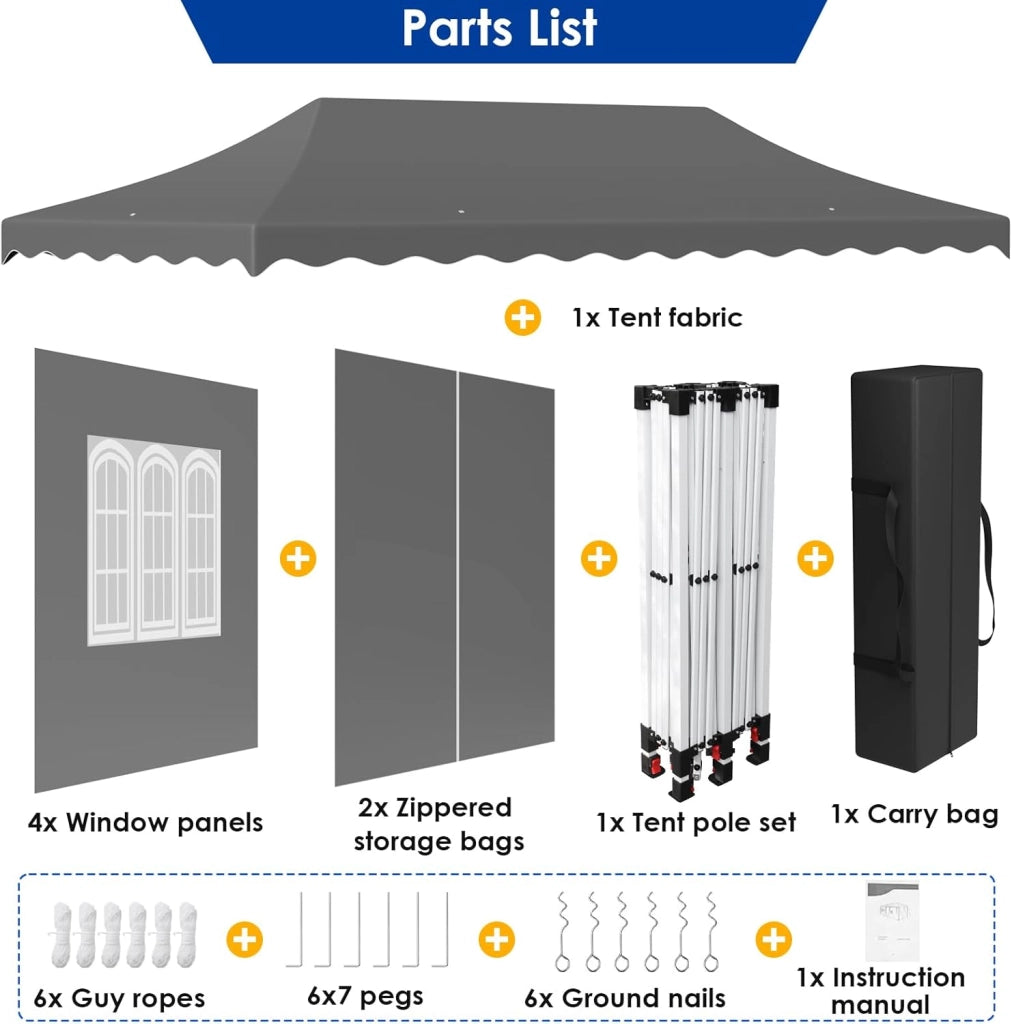 Gazebo 3x6 Pieghevole Impermeabile,Pergola Gazebo Esterno Resistente con 4 Pannelli Laterali, 420D Oxford Ispessente,Protezione UV 50+,Feste Campeggio Matrimonio,Spiaggia, Cortile, Giardino, Grigio