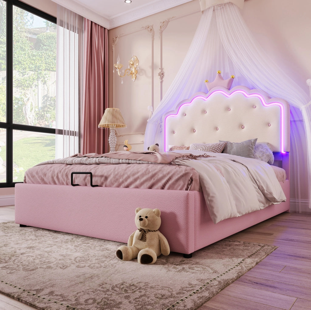 Letto imbottito 140x200 cm con luce LED e vano contenitore; PU rosa (Senza materasso)