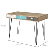 Scrivania Moderna con 3 Cassetti Multicolore in Legno e Metallo, Scrivania per Camera e Ufficio in Stile Nordico, 110x50x77.5cm