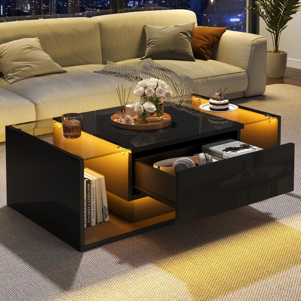 Tavolino da Caff¨¨ con LED e Cassetto ¨C MINIMAL ¨C Vetro Temperato Nero Lucido 100x50x31