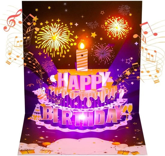 Carte di compleanno con musica - Carta pop-up - Fuochi d'artificio 3D - Busta dorata - Carte numeriche 0-9 - Completa con buste - Carta musicale