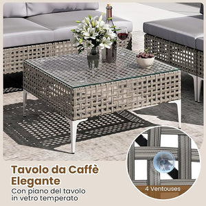 Set di Mobili da Esterno 5 Pezzi, Set da Conversazione in Rattan con Cuscini e Tavolino in Vetro Temperato, Tavolino e 4 Divani per Cortile, Bordo Piscina e Veranda (Modello 4,5 pezzi)