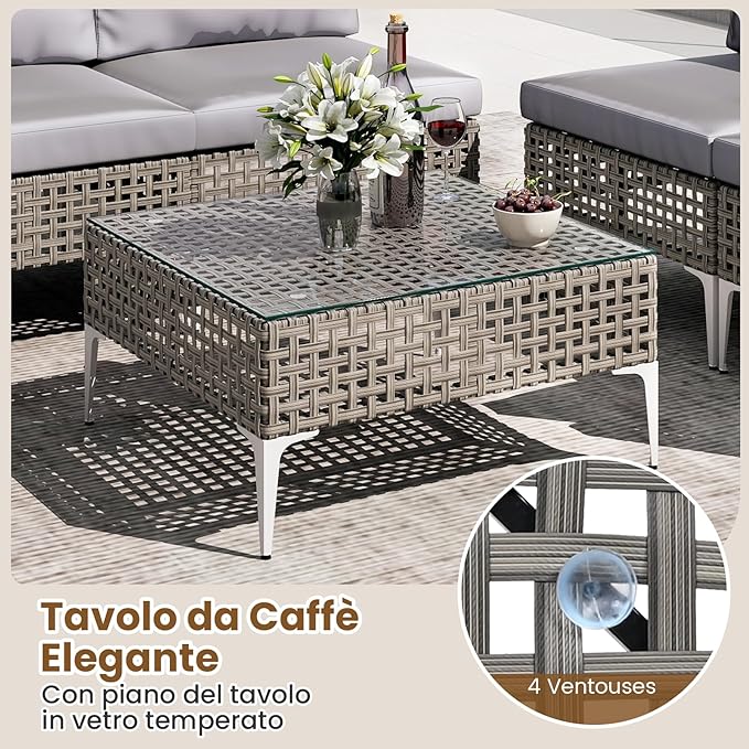 Set di Mobili da Esterno 5 Pezzi, Set da Conversazione in Rattan con Cuscini e Tavolino in Vetro Temperato, Tavolino e 4 Divani per Cortile, Bordo Piscina e Veranda (Modello 4,5 pezzi)