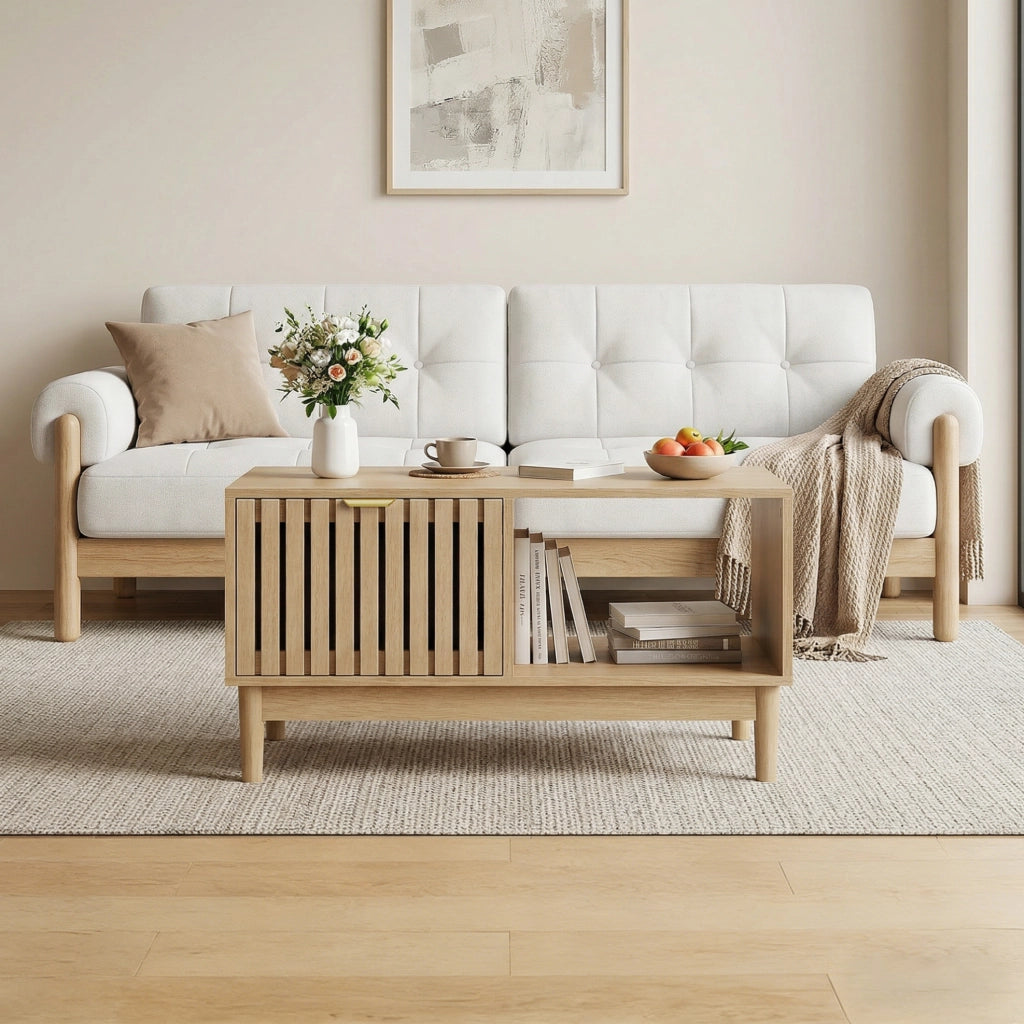 Tavolino da salotto rettangolare 80 cm in stile mid-century; colore rovere; con vani aperti