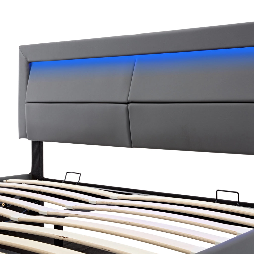 Letti contenitori 140x200 cm; con USB; LED e spazio contenitore; PU grigio (Senza materasso)