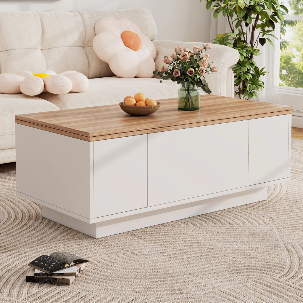 Tavolino da salotto con doppio piano sollevabile e vano contenitore; 100 x 50 x 55;5 cm; bianco e legno