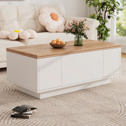 Tavolino da salotto con doppio piano sollevabile e vano contenitore; 100 x 50 x 55;5 cm; bianco e legno