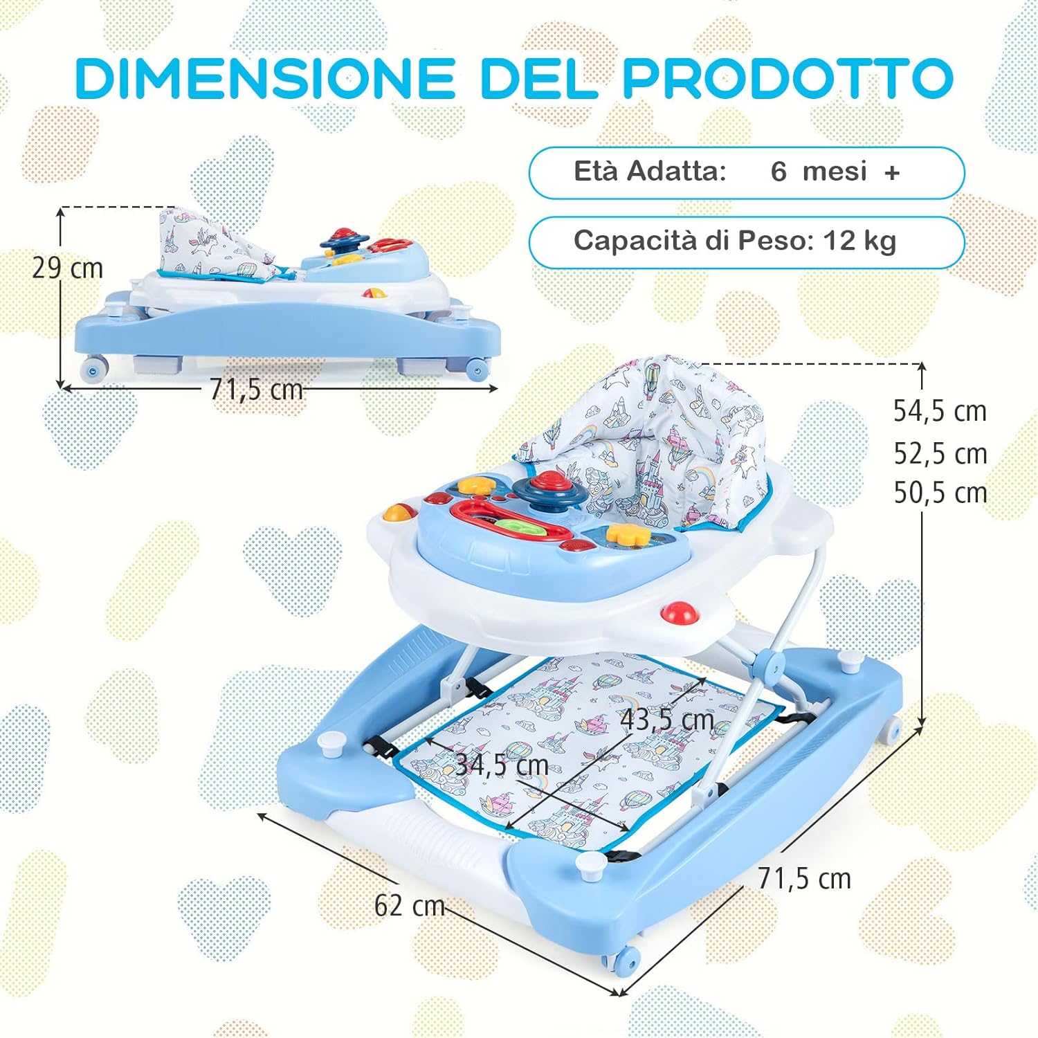Girello per Bambini 6 in 1, Primi Passi per Neonati con Altezza Regolabile, Sedia a Dondolo per Bambini, Girello Pieghevole con Vassoio Musicale, Cuscino, per Bambini 6+ Mesi (Blu)