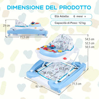 Girello per Bambini 6 in 1, Primi Passi per Neonati con Altezza Regolabile, Sedia a Dondolo per Bambini, Girello Pieghevole con Vassoio Musicale, Cuscino, per Bambini 6+ Mesi (Blu)