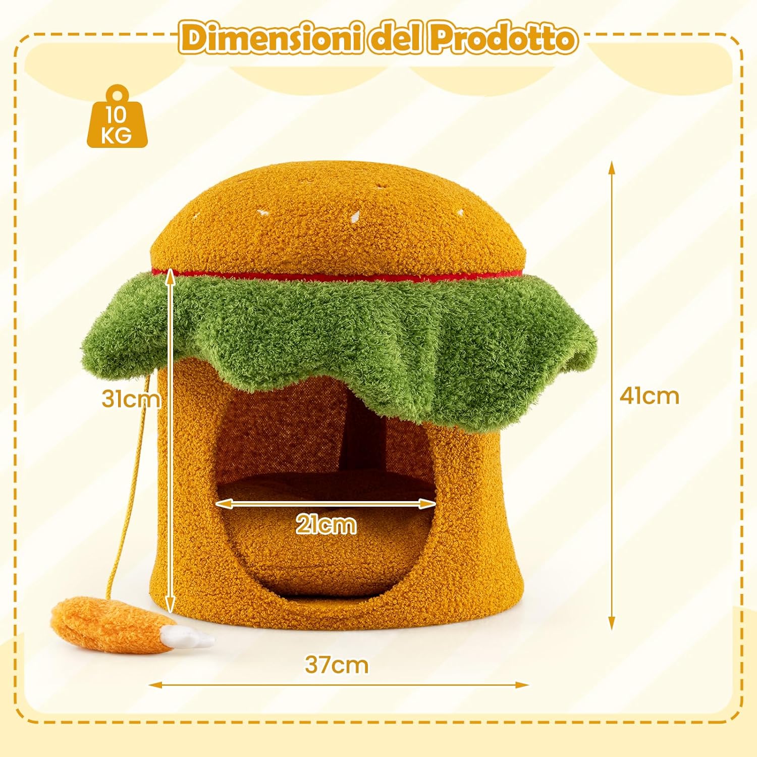 Cuccia per Gatti Carino, Condominio per Gatti a Forma di Hamburger con Cuccia Imbottita, Giocattolo Morbido Sospeso e Cuscino Morbido Rimovibile e Lavabile, Casa per Gattini, 37 x 37 x 41 cm