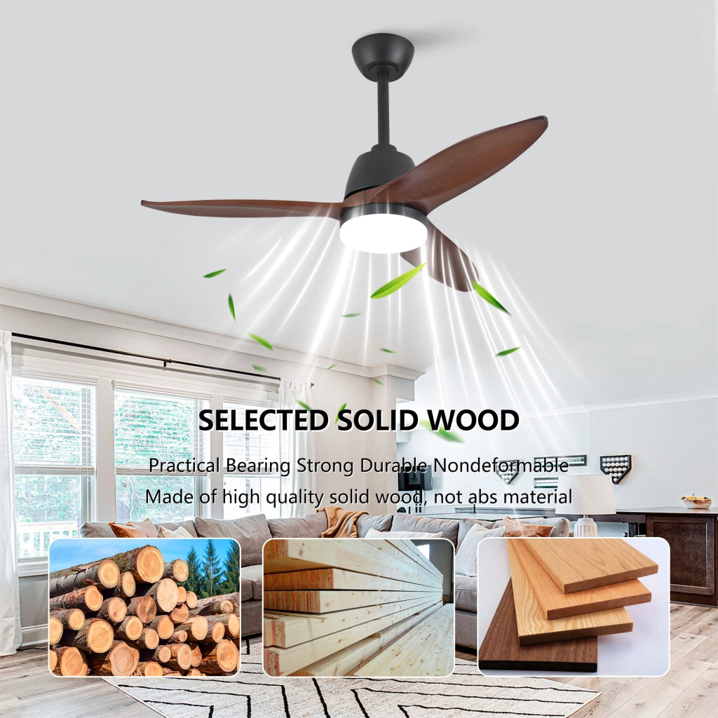 Ventilatore da soffitto moderno da 42 pollici nero con 3 pale in legno, luce LED dimmerabile e motore DC reversibile