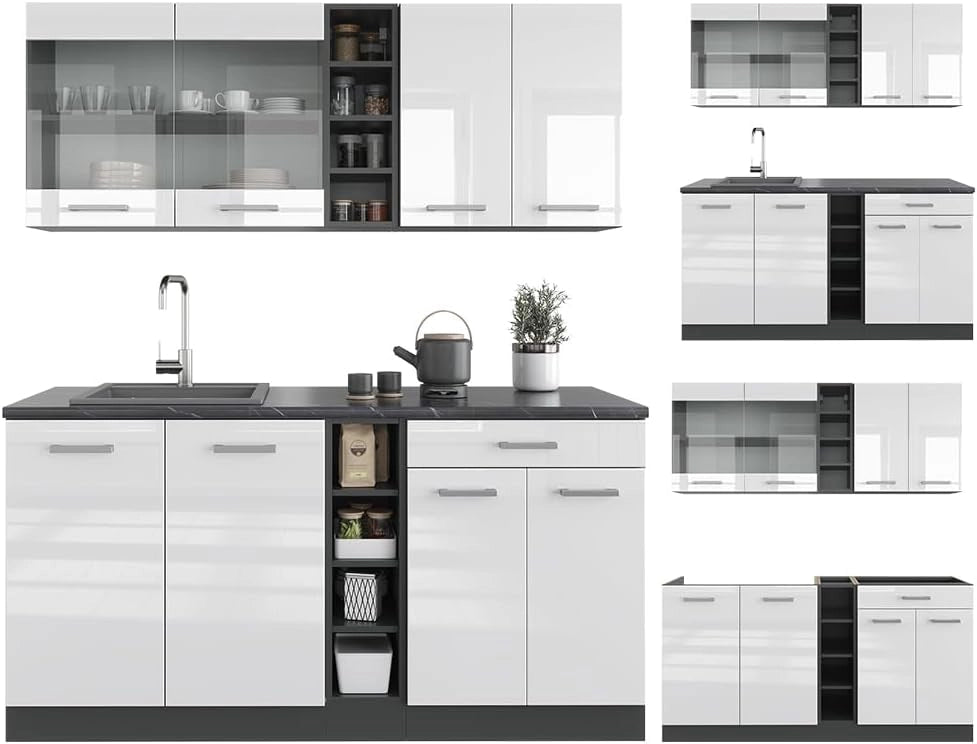 Cucina completa R-Line, Bianco lucido/antracite, 160 cm, PL Marmo, adatto per l'espansione individuale con moduli aggiuntivi
