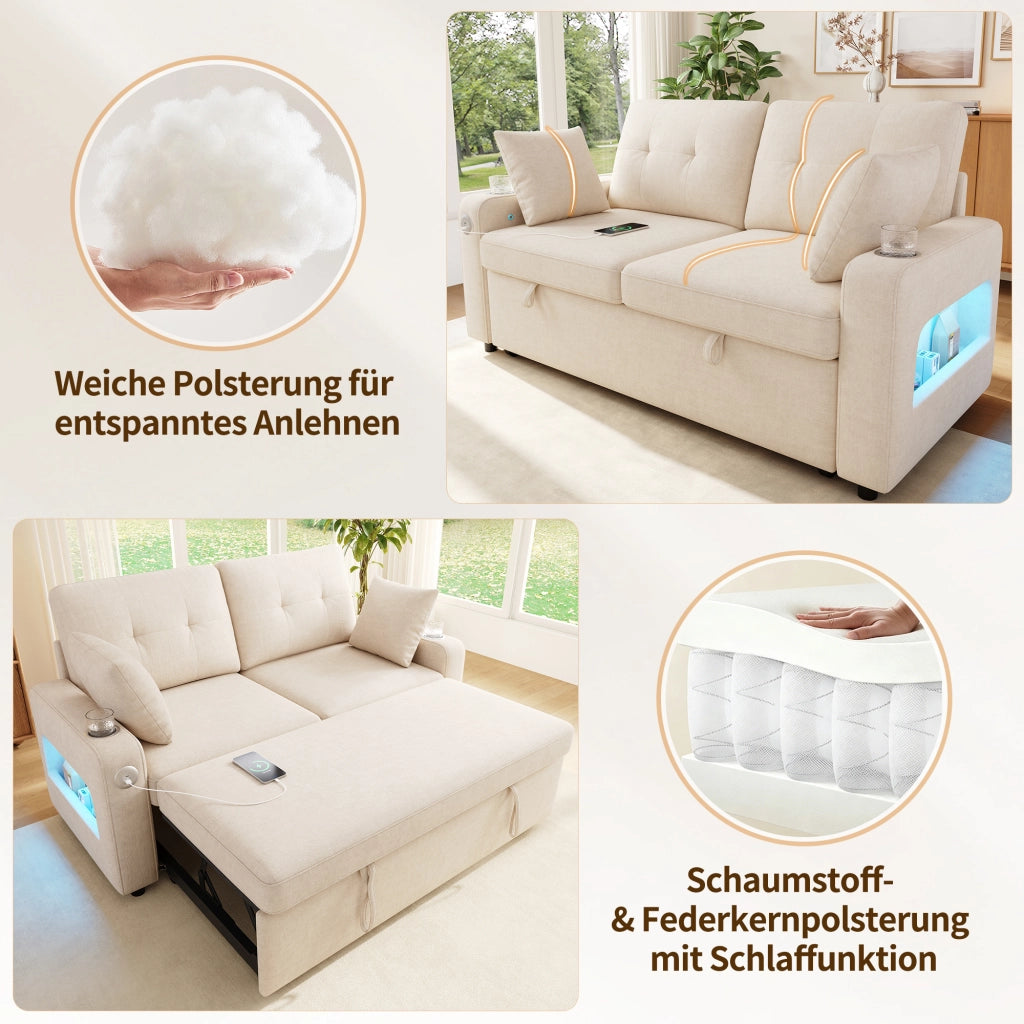 Divano letto a 2 posti estraibile in ciniglia beige con LED porte USB e Type-C vani portabicchieri e 2 cuscini