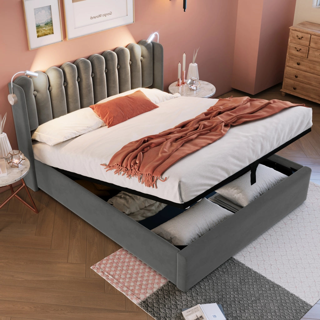 OKWISH Letto Contenitore 140 × 200 cm, Letto Matrimoniale con USB, Luce da Lettura e Vano, con Materasso