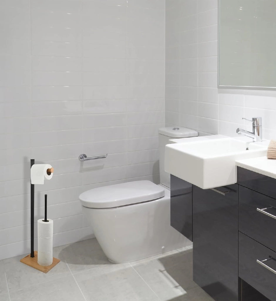 Piantana Bagno Porta Carta Igienica Legno Bambù Portarotoli da Terra Salvaspazio Nero