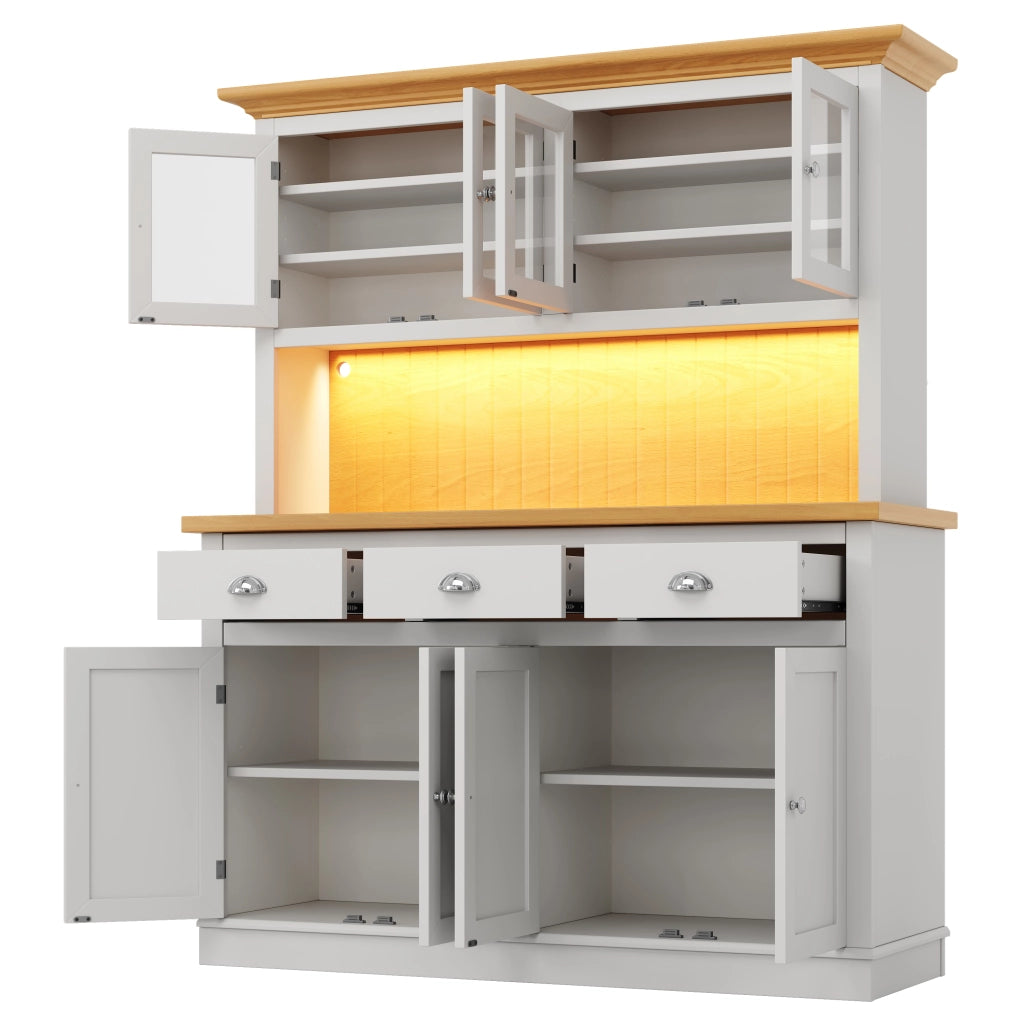 Credenza alta vetrina con anta in vetro; ripiani regolabili; LED RGB e antiribaltamento per sala da pranzo; 140 × 40 × 180 cm