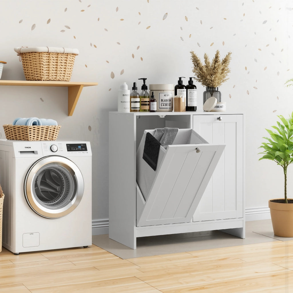 Armadio portabiancheria inclinabile con 2 cesti estraibili, organizer freestanding per bagno e lavanderia, bianco