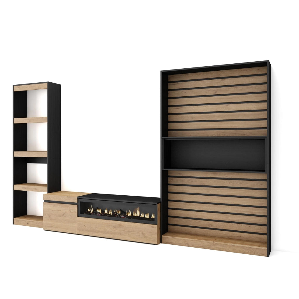 Mobile TV, Soggiorno, 320x35x186cm, Camino elettrico, colore Rovere e nero RF2595