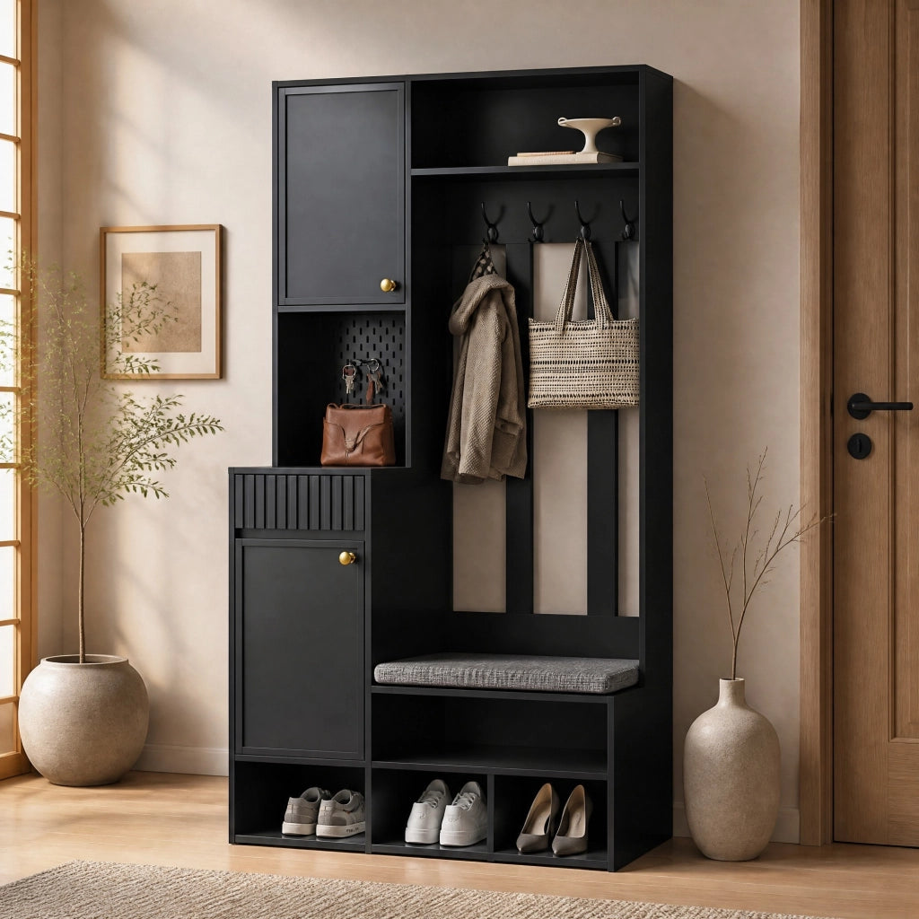 Set guardaroba da ingresso multifunzionale con panca, 4 ganci, cassetti e pannello forato, nero, 100¡Á180¡Á35 cm