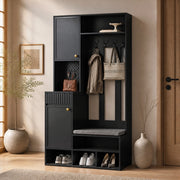 Set guardaroba da ingresso multifunzionale con panca, 4 ganci, cassetti e pannello forato, nero, 100¡Á180¡Á35 cm