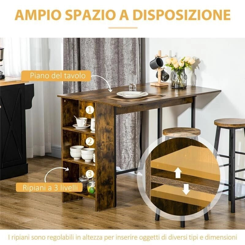 BANCONE BAR PIEGHEVOLE STILE INDUSTRIALE CON SCAFFALE A 3 RIPIANI 120X76X91.4CM