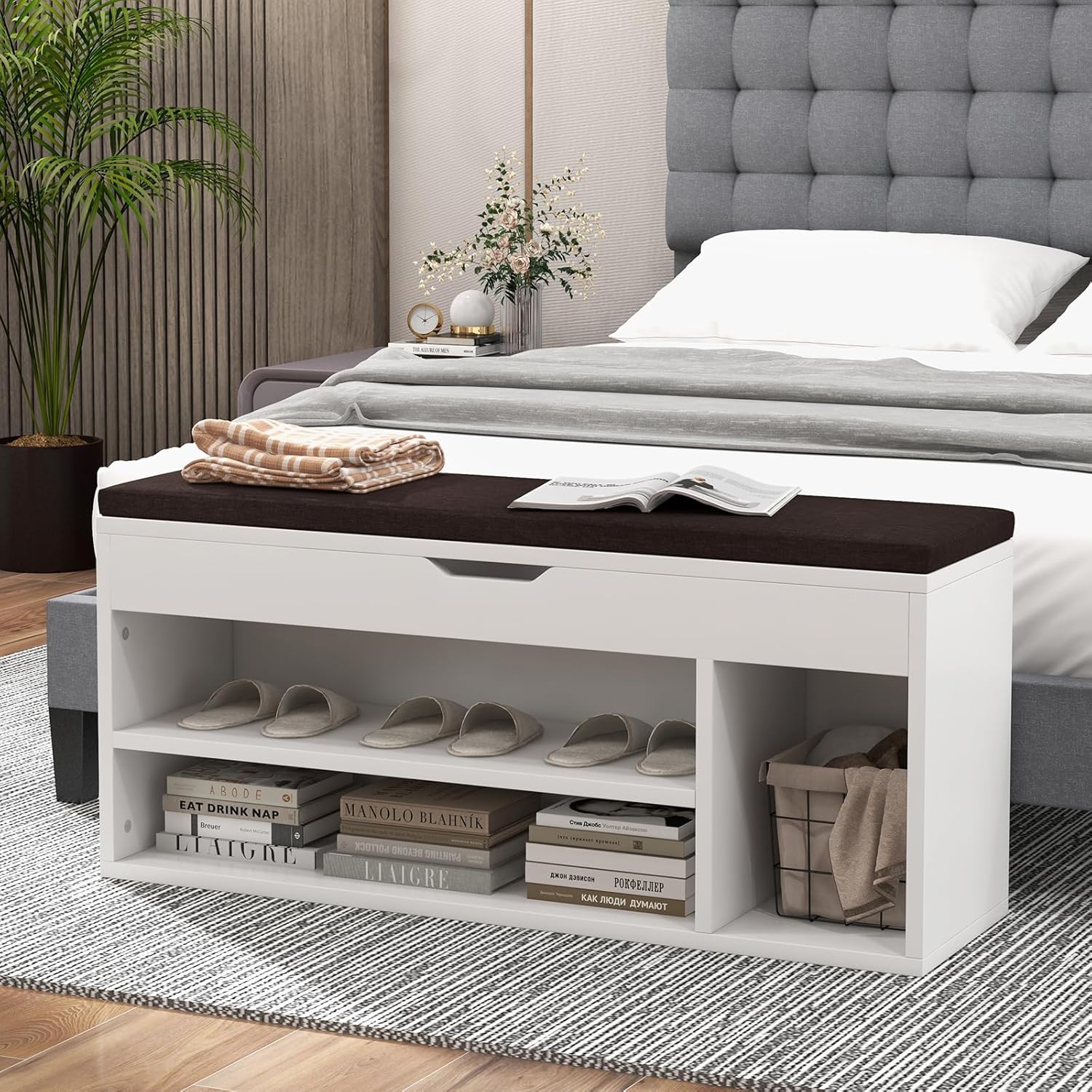 Scarpiera Panca con Cuscino, Scarpiera da Ingresso Salvaspazio, Panca Contenitore per Ingresso Corridoio, 104x30x48 cm, Carico 150 kg (Bianco)