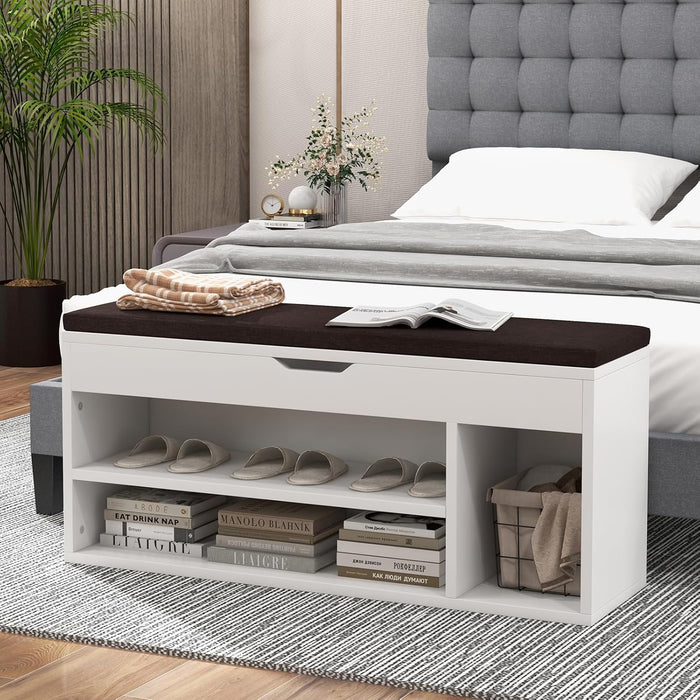 Scarpiera Panca con Cuscino, Scarpiera da Ingresso Salvaspazio, Panca Contenitore per Ingresso Corridoio, 104x30x48 cm, Carico 150 kg (Bianco)