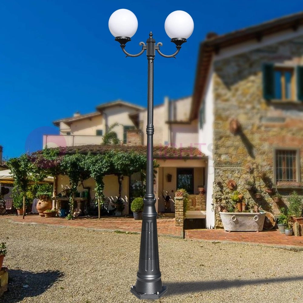 ORIONE ANTRACITE Lampione a 2 luci per Esterno Giardino con sfere globi policarbonato d.25