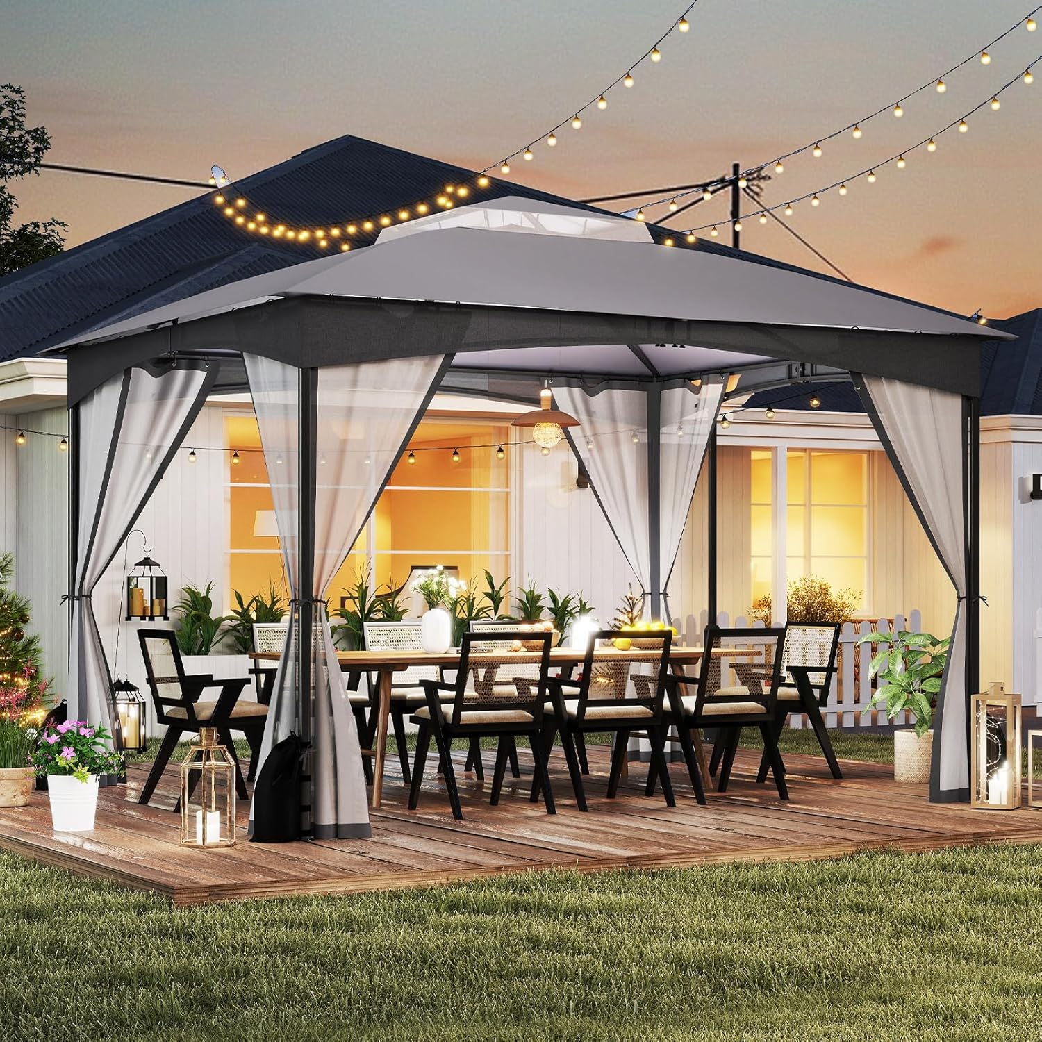 Gazebo da Giardino 3 x 3,6 m, Gazebo con Zanzariera a Doppia Copertura con Sacchetti di Sabbia e Picchetti a Terra, Tenda Impermeabile con Struttura in Metallo per Prato (Grigio)
