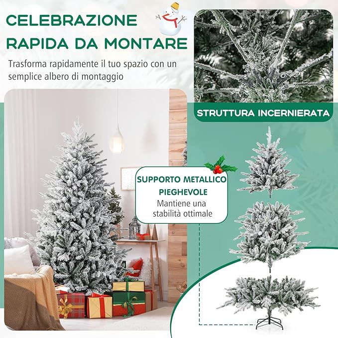 Albero di Natale Artificiale Innevato 147/186/210 CM, Albero di Natale con Cerniera e 8 Modalità luminose, 160/260/350 Luci LED Multicolori e 436/820 /1164 Punte di Ramo in PVC e PE (186 CM)