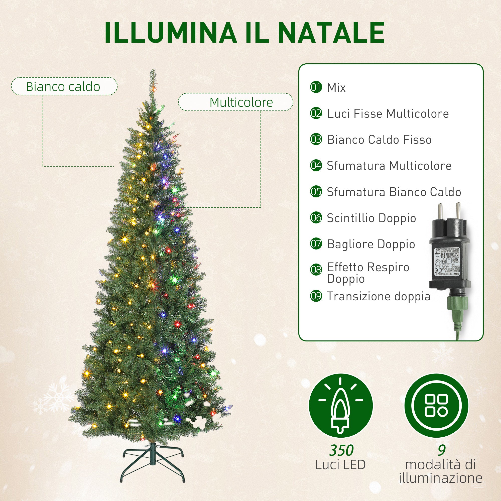 Albero di Natale Slim 210 cm 1273 Rami con 350 Luci LED Bianche e Colorate 9 Modalità di Illuminazione Verde